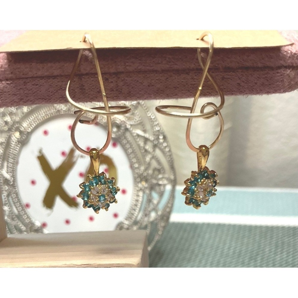 Abstract Drop Earrings 14k Gold Blue Swiss Topaz White Sapphires Floral Dangle